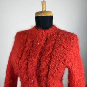 Vintage Hand Knit Red Mohair Cardigan Sweater | Fuzzy Cable Knit Button Front